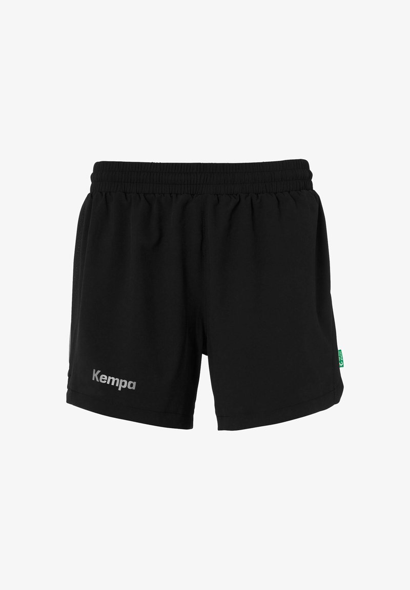 Sorte atletiske shorts med elastisk talje, prydet med et sølvfarvet "Kempa" logo og et grønt mærke. Materialet ser glat og let ud.