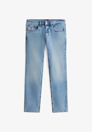 Svetlomodré rifle s rovnými nohavicami, predným zapínaním na gombík a zips, dizajnom s piatimi vreckami a jemným vyblednutím na stehnách a kolenách.