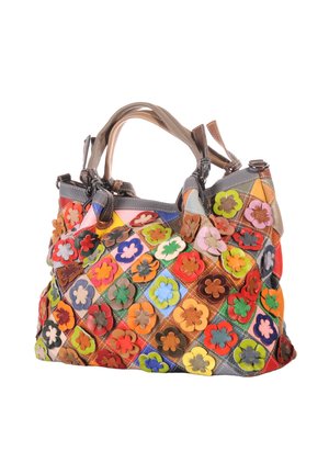 Large handbag with colorful patchwork squares, each adorned with a raised multi-colored flower decoration, and two beige handles.