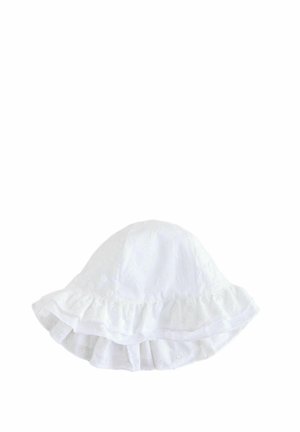 Cappello da sole in cotone bianco con bordo arricciato, caratterizzato da ricami a occhiello e una corona rotonda, progettato per la protezione solare.