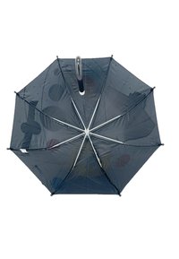 Black umbrella with a hexagonal shape, featuring a transparent canopy adorned with colorful circular patterns and a curved black handle.