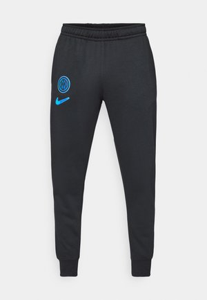 Black sweatpants with a tapered design, featuring a blue Inter Milan logo and Nike swoosh on the left leg. Soft, elastic waistband.