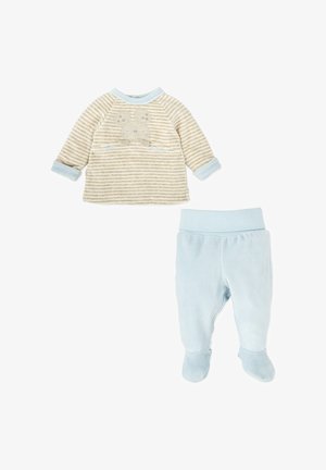 Haut à rayures à manches longues beige avec un motif de souris, associé à un pantalon bleu clair uni en tissu doux.