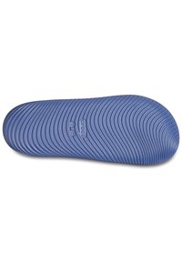 Blue rubber outsole with a textured, wave pattern. Features embossed brand logo and size markings. Smooth finish aids in traction.