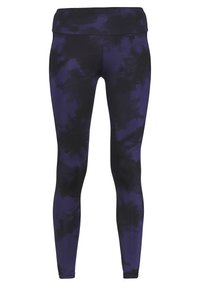 Fioletowo-czarne legginsy tie-dye, z wysokim stanem i elastycznym materiałem dla dopasowanego sylwetki. Gładka tekstura bez widocznych szwów.