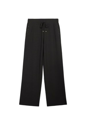 Pantalons larges noirs avec une taille à cordon, ornés de clous décoratifs sur les poches, fabriqués dans un tissu doux et texturé.
