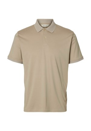 Beige polo t-skjorte med strukturert krage og plakat med to knapper. Korte ermer med kontraststrikk. Glatt stoff med en avslappet passform.