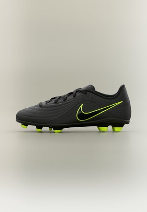 Scarpa da calcio Nike nera con tacchetti giallo neon e logo Nike swoosh giallo neon sul lato, mostrata dal lato esterno.