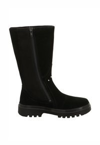 Schwarze Wildleder-Stiefel in Knielänge mit seitlichem Reißverschluss, Gummisohle und strukturiertem Obermaterial. Verfügt über ein grobes Profil für Grip und Stabilität.
