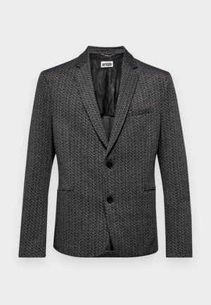 Gray patterned blazer with notch lapel, two front pockets, single-button closure, and smooth inner lining. Textured fabric with herringbone design.