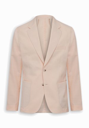 Hellbeiger, maßgeschneiderter Herrenblazer mit zwei Knöpfen,  Biker-Revers, einer Brusttasche und zwei aufgesetzten Vordertaschen.