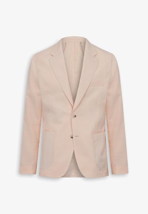 Lysebeige skræddersyet herreblazer med to knapper, hakrevers, en brystlomme og to forlommer med påsyede lommer.