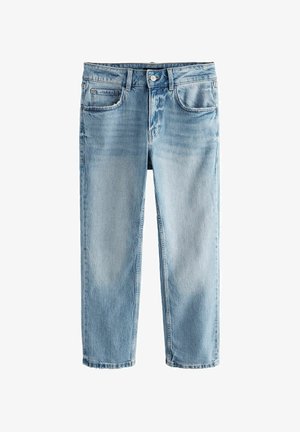 Világoskék farmernadrág, egyenes szárú kialakítással, öt zsebbel, gombos záródással és finom kopásos textúrával.