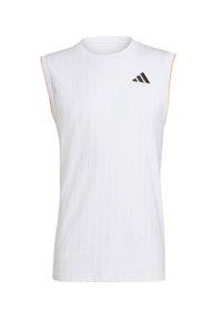 Valkoinen hihaton urheilupaita, jossa on ribbineulottu rakenne, pyöreä pääntie ja musta Adidas-logo. Olkareunoissa oranssit reunukset.