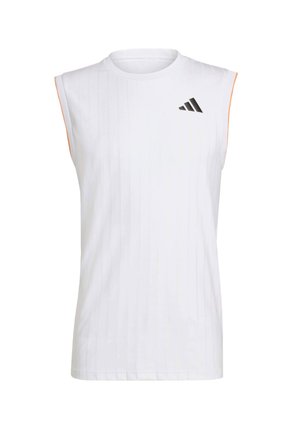 Vitt ärmlöst sportlinne med ribbad textur, rund halsringning och svart Adidas-logotyp. Har orange kantning vid axelkanterna.