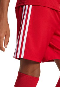 Rode sportieve shorts met witte zijsstrips, gemaakt van een glad synthetisch materiaal, met een comfortabele pasvorm en een afgewerkte zoom.
