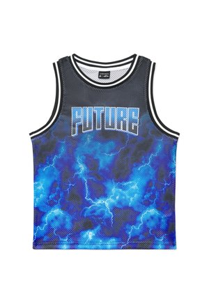 Canotta sportiva nera in rete senza maniche con motivo di nuvole a lampi blu e scritta audace "FUTURE" bianca e blu sul petto.