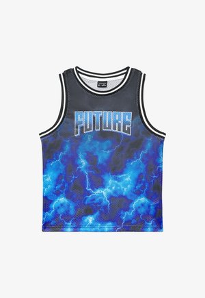 Canotta sportiva nera in rete senza maniche con motivo di nuvole a lampi blu e scritta audace "FUTURE" bianca e blu sul petto.