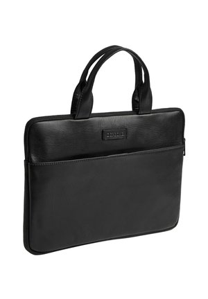 Schwarze Lederaktentasche mit zwei Griffen, Fronttasche und Reißverschluss, vorn mit dem Markennamen "Depeche" versehen.