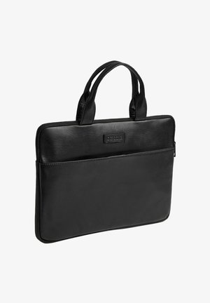 Zwarte leren aktetas met twee handvatten, voorvak en ritssluiting, met het merk "Depeche" op de voorkant.