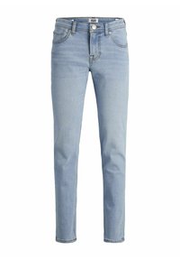 Vaqueros de mezclilla azul claro con corte slim. Con cinco bolsillos, cierre de botón y costuras sutiles a lo largo de las costuras.
