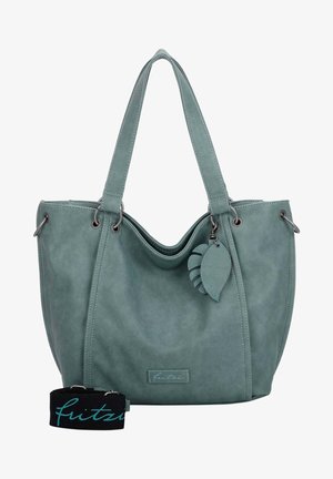 Borsa a tote in similpelle verde chiaro con doppi manici, charm decorativo a forma di foglia e tracolla nera regolabile con il nome del marchio.