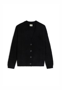 Schwarze gestrickte Strickjacke mit V-Ausschnitt, die ein strukturiertes Wellenmuster aufweist und sechs schwarze Knöpfe vorne hat. Lange Ärmel mit gerippten Bündchen.