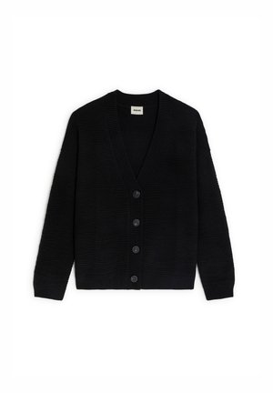 Zwarte gebreide cardigan met V-hals, voorzien van een gestructureerd golfpatroon en zes zwarte knopen aan de voorkant. Lange mouwen met geribbelde manchetten.
