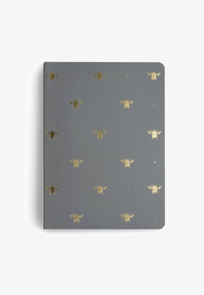 Gray notebook with a metallic gold bee pattern and small gold dots, featuring a smooth cover and rounded edges.