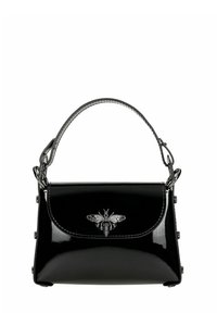 Borsa a manico curvo in pelle verniciata nera. Presenta un motivo a forma di ape in argento sul davanti e dettagli metallici lungo i lati.