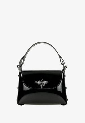 Borsa a manico curvo in pelle verniciata nera. Presenta un motivo a forma di ape in argento sul davanti e dettagli metallici lungo i lati.