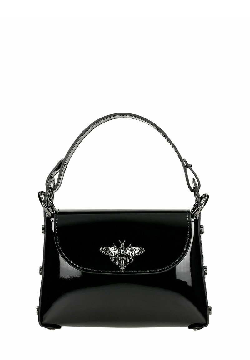 Borsa a manico curvo in pelle verniciata nera. Presenta un motivo a forma di ape in argento sul davanti e dettagli metallici lungo i lati.