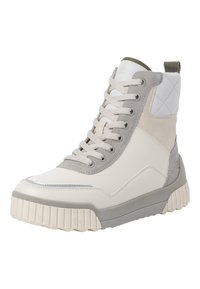 Beige und graue High-Top-Sneaker aus einer Mischung aus glattem Leder und Wildleder, mit runden Schnürsenkeln und einer geriffelten Gummisohle mit dezenten Akzenten.