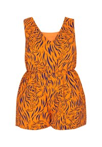 Orange ärmlös jumpsuit med tryck av tiger och ränder. Har en insydd midja och V-ringning. Tillverkad av lättviktig tyg.