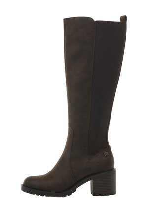 Stivale marrone al ginocchio con finitura in suede liscia, pannelli laterali elasticizzati, tacco a blocco e suola testurizzata per una migliore aderenza. Design minimalista.