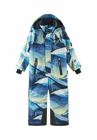 Kolorowy kombinezon śnieżny z niebieskim, zielonym i białym abstrakcyjnym wzorem górskim, z zamykanymi kieszeniami i kapturem. Materiał wodoodporny.