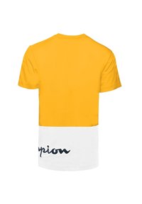 Pánské tričko s krátkým rukávem v žluté a bílé barvě. Má žlutou horní polovinu a bílou dolní část s námořnickým logem a textem na boku.