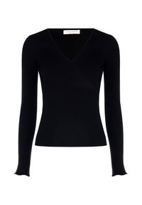 Top lungo a maniche lunghe in maglia nera a costine con scollo a V, design aderente e polsini leggermente svasati. Tessuto liscio e di medio peso.