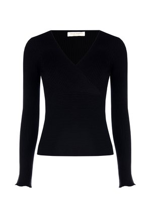 Top lungo a maniche lunghe in maglia nera a costine con scollo a V, design aderente e polsini leggermente svasati. Tessuto liscio e di medio peso.