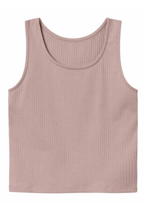 Sleeveless ribbed crop top in muted mauve with scoop neckline and vertical fine ribbed texture.