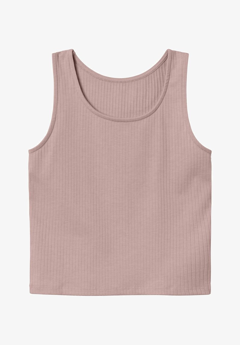 Haut court sans manches en maille côtelée de couleur mauve doux avec encolure dégagée et texture côtelée fine verticale.