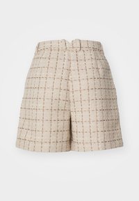 Beżowe szorty z tweedu w kratkę, z wysokim stanem i dwoma bocznymi kieszeniami, o teksturowanej tkaninie i prostym kroju.