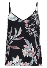 Camisole nera senza maniche con stampa floreale in toni pastello, dotata di spalline sottili regolabili e scollatura a V. Tessuto leggero e morbido.