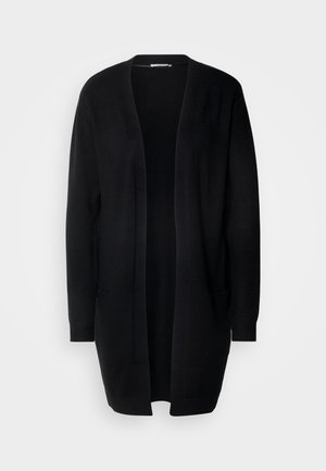 Crni dugi kardigan s otvorenim prednjim dijelom, napravljen od mekanog materijala. Ima duge rukave i dva prednja džepa. Glatka tekstura, jednostavan dizajn.