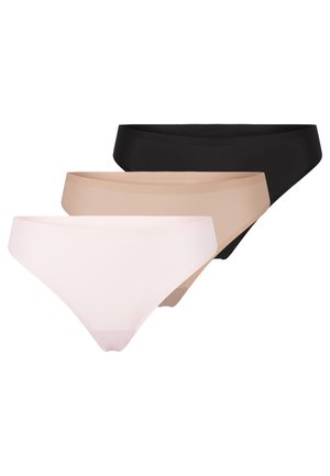 Drie paar damesstring ondergoed in roze, lichtbruin en zwart. Gemaakt van glad, rekbaar stof met minimale naden en een klassieke snit.