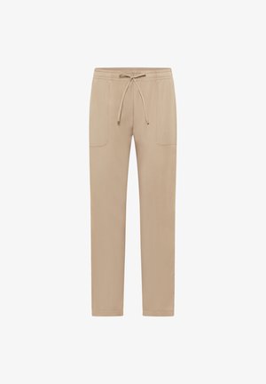 Pantaloni casual beige con vita elasticizzata, laccio regolabile e tasche applicate frontali, vestibilità a gamba dritta.
