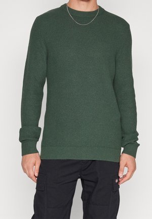 Suéter verde de punto con un patrón texturizado, cuello redondo, mangas largas y puños y dobladillo de canalé. Diseño sencillo y ordenado sin adornos.