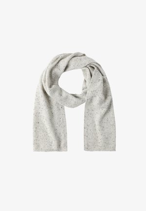 Sciarpa grigio chiaro realizzata in un tessuto morbido e testurizzato, con un motivo maculato in grigio scuro. Appesa casualmente a forma di anello.