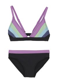 Färgglad bikiniuppsättning med en triangel-bra med lila, grön, blå och svarta ränder, samt svarta underdelar med lila kant.