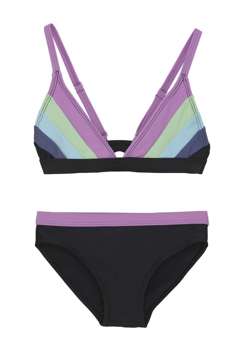 Färgglad bikiniuppsättning med en triangel-bra med lila, grön, blå och svarta ränder, samt svarta underdelar med lila kant.